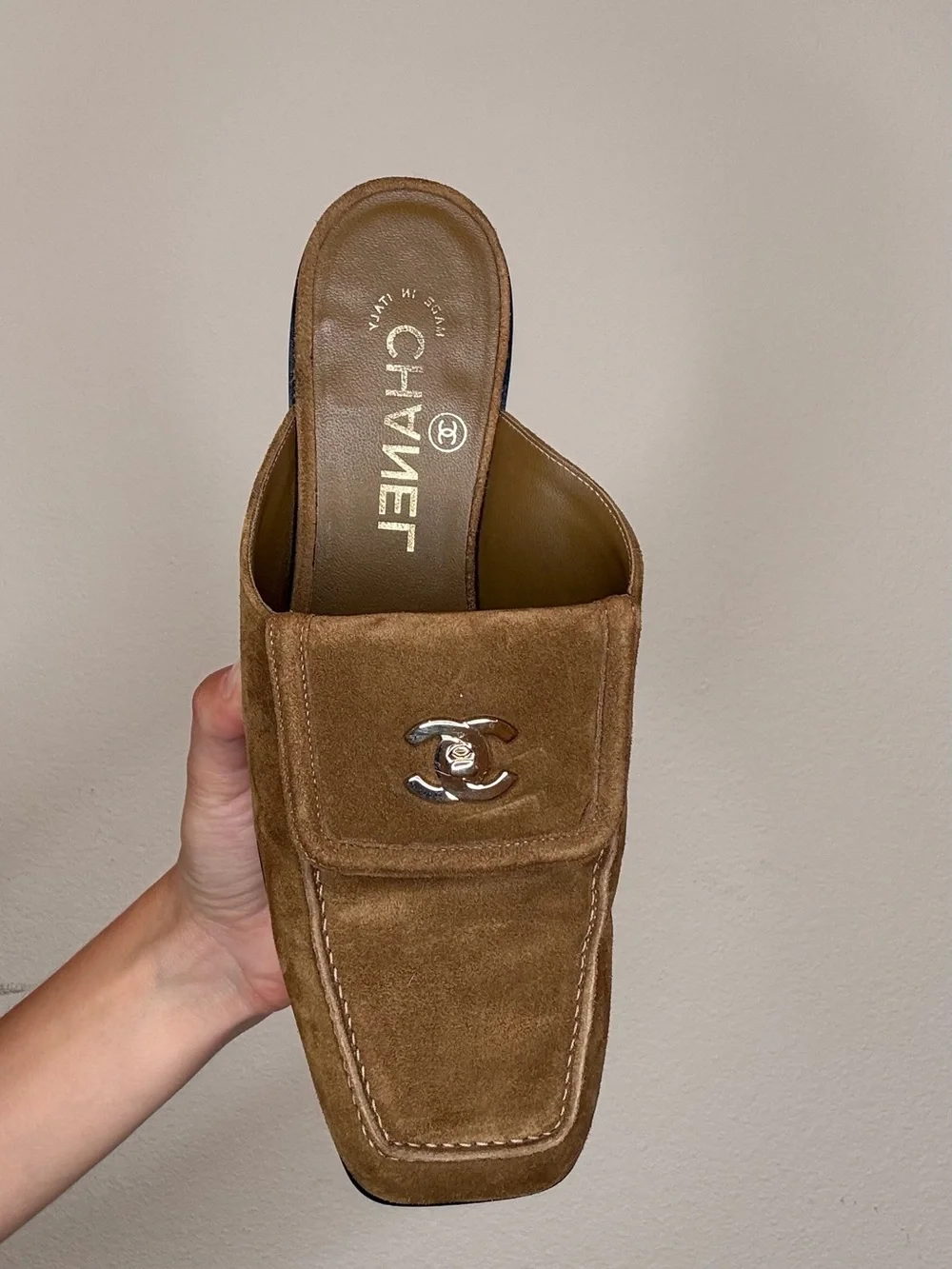 CHANEL Tan Suede Mule Loafers with Gold CC Turnlock Hardware